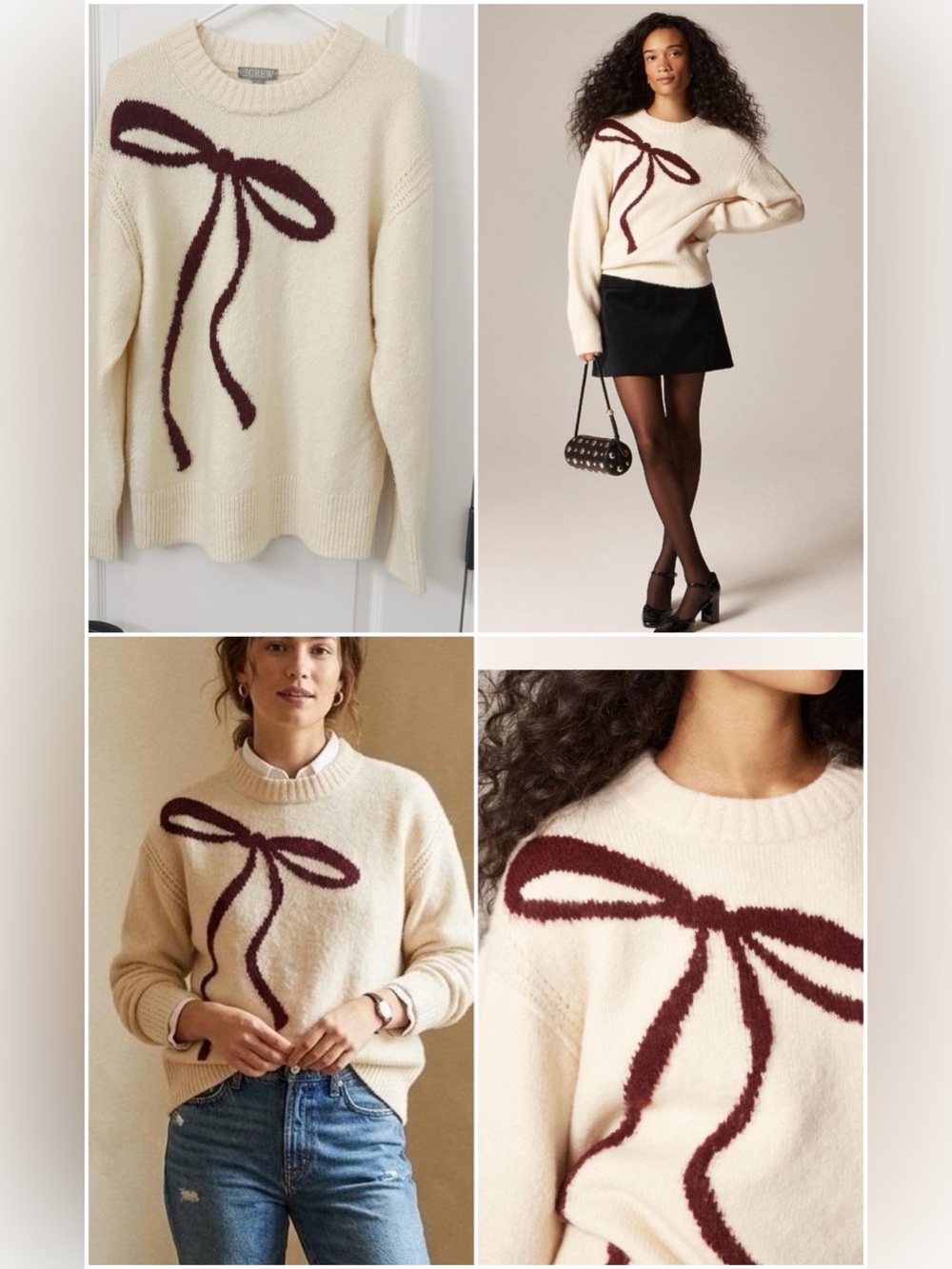 J. Crew Cream Crewneck Sweater with Burgundy Bow Detail